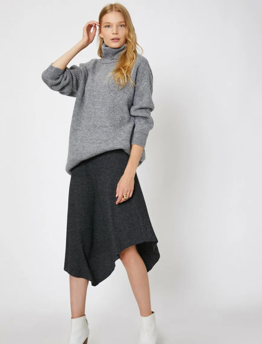 12088 Grey Asymmetric Midi Skirt