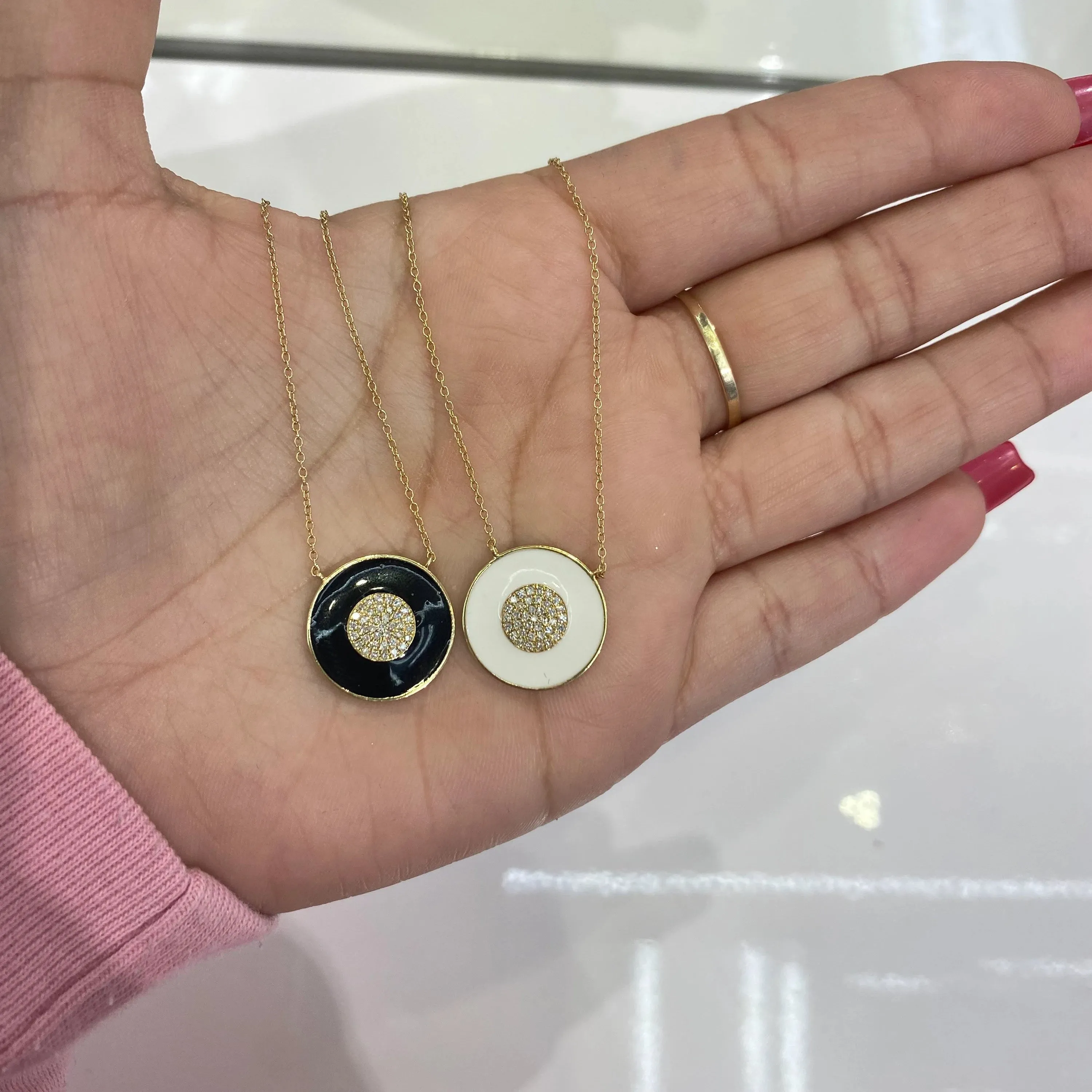 Black Enamel Diamond Disc Necklace