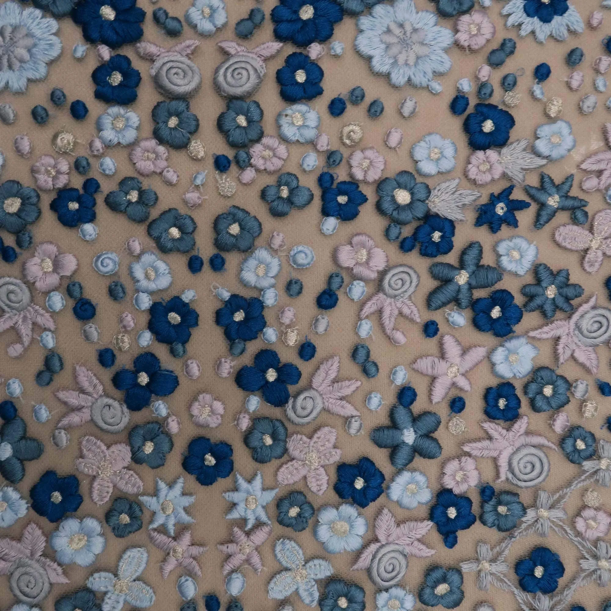 Blue and Grey Floral on Nude Embroidered Tulle Fabric