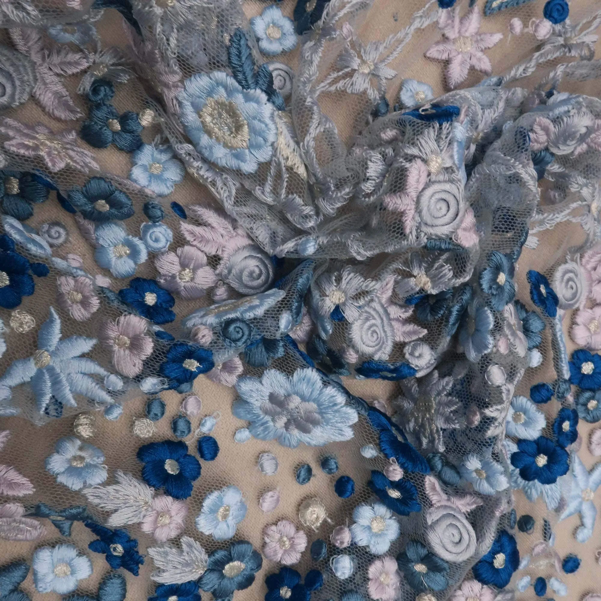 Blue and Grey Floral on Nude Embroidered Tulle Fabric