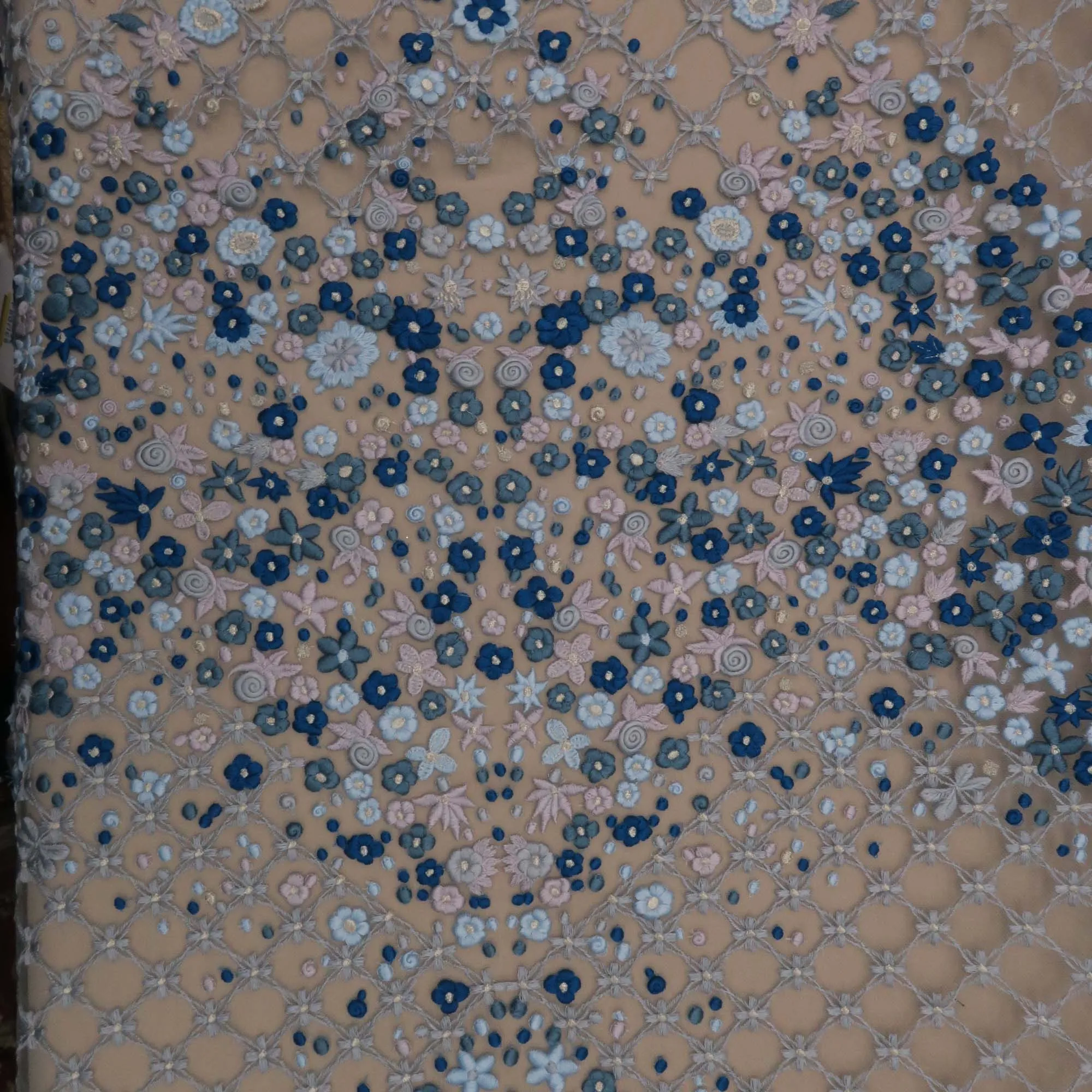 Blue and Grey Floral on Nude Embroidered Tulle Fabric