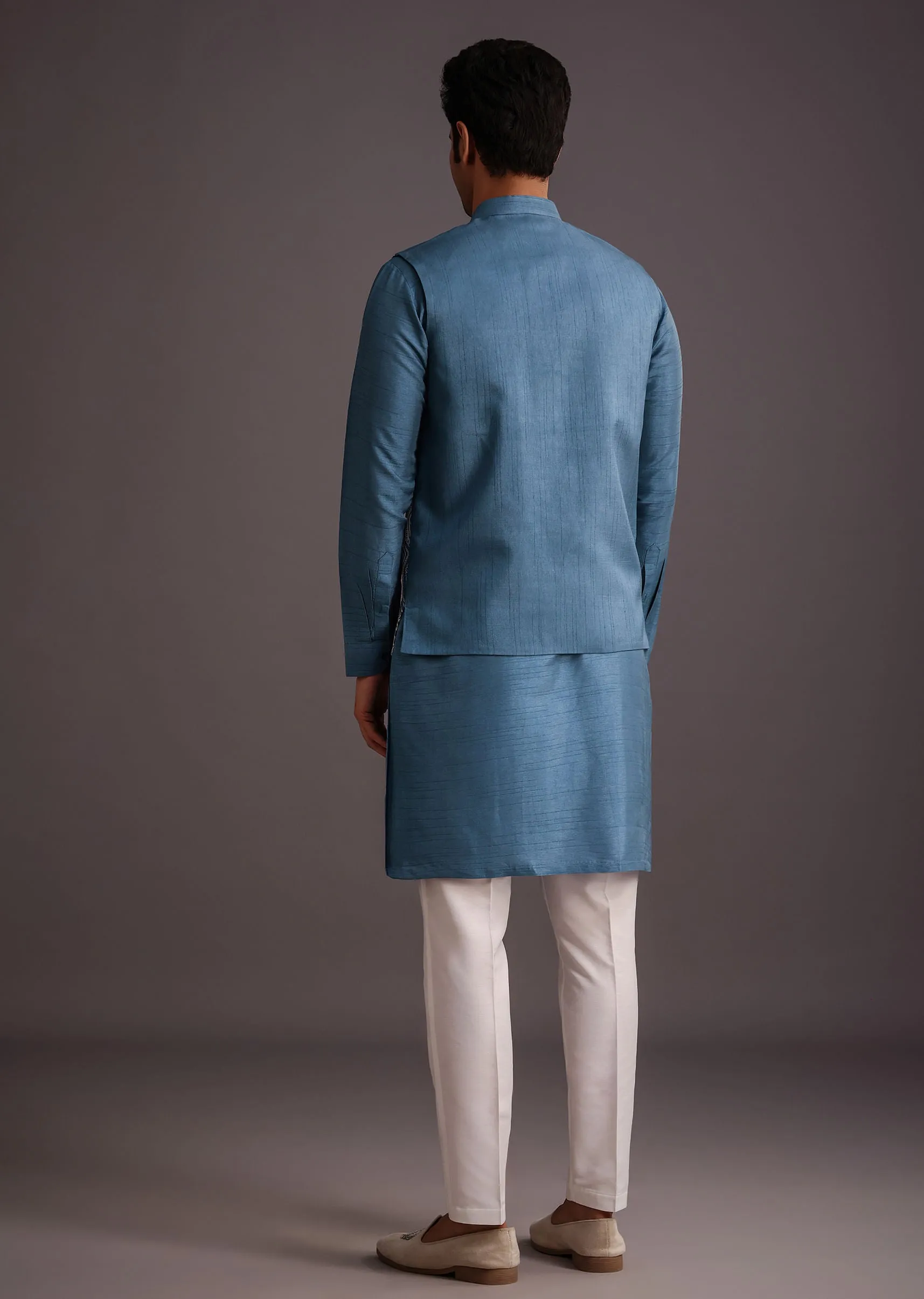 Blue Embroidered Silk Jacket Kurta Set