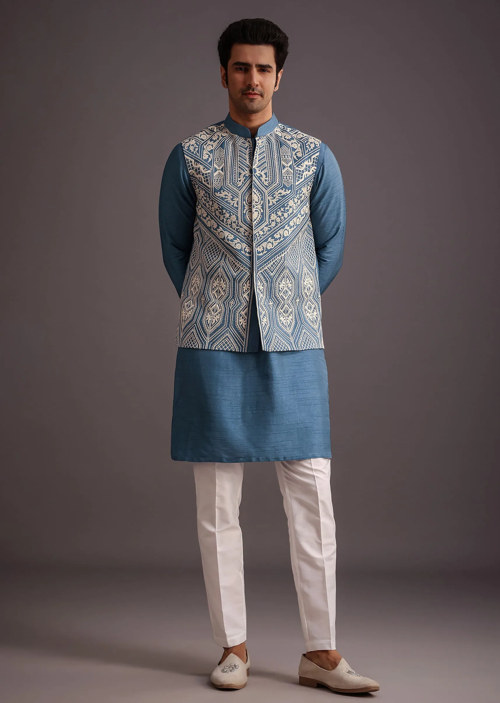 Blue Embroidered Silk Jacket Kurta Set