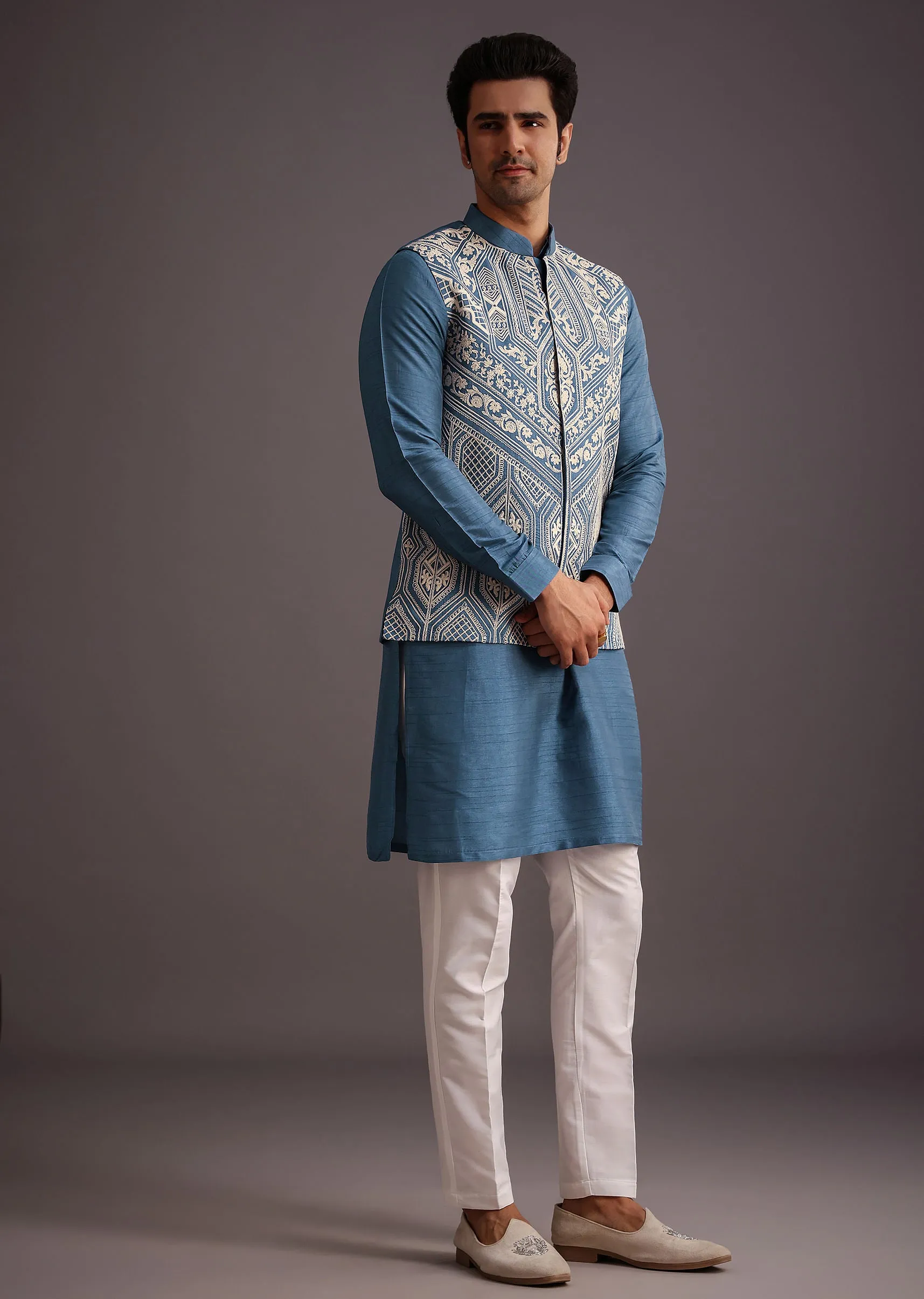 Blue Embroidered Silk Jacket Kurta Set