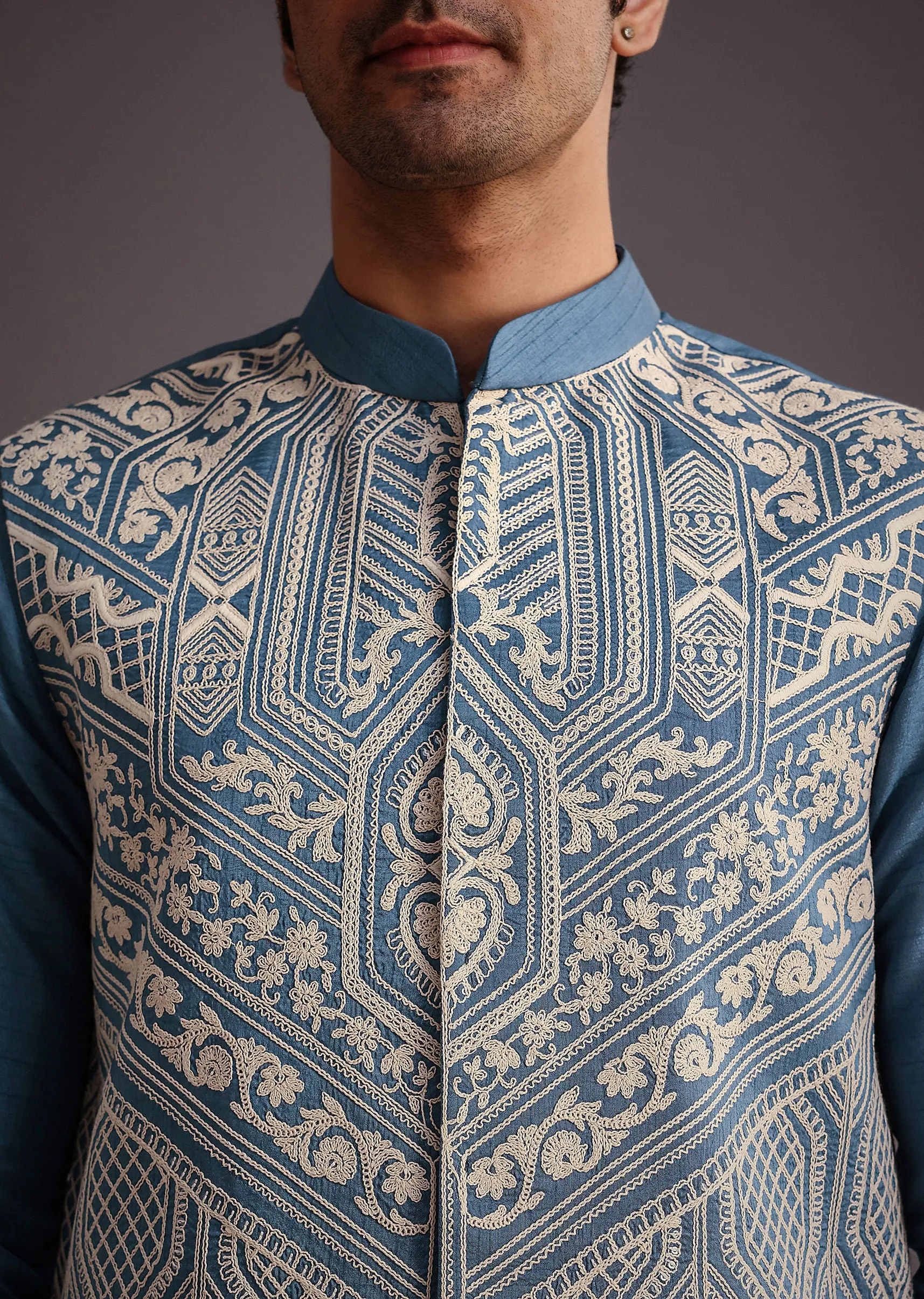 Blue Embroidered Silk Jacket Kurta Set