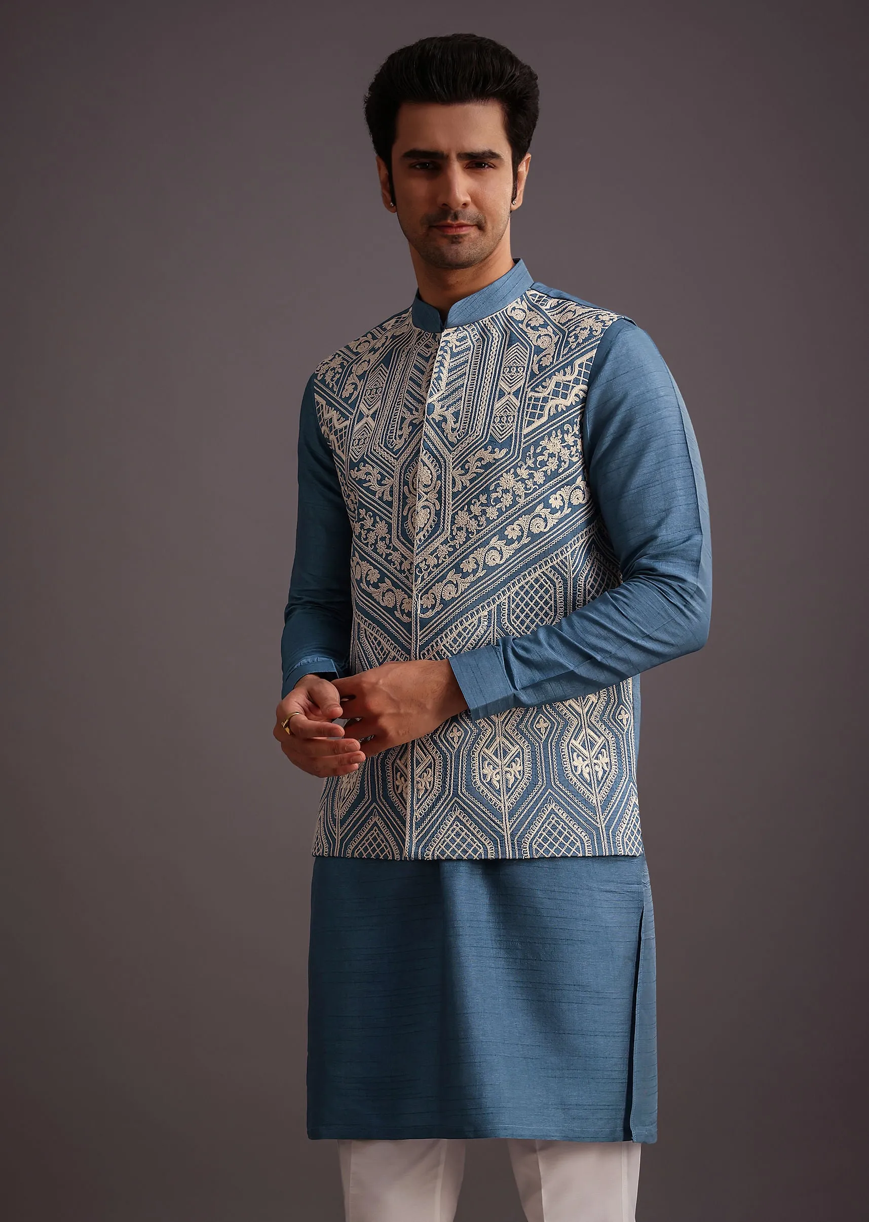 Blue Embroidered Silk Jacket Kurta Set