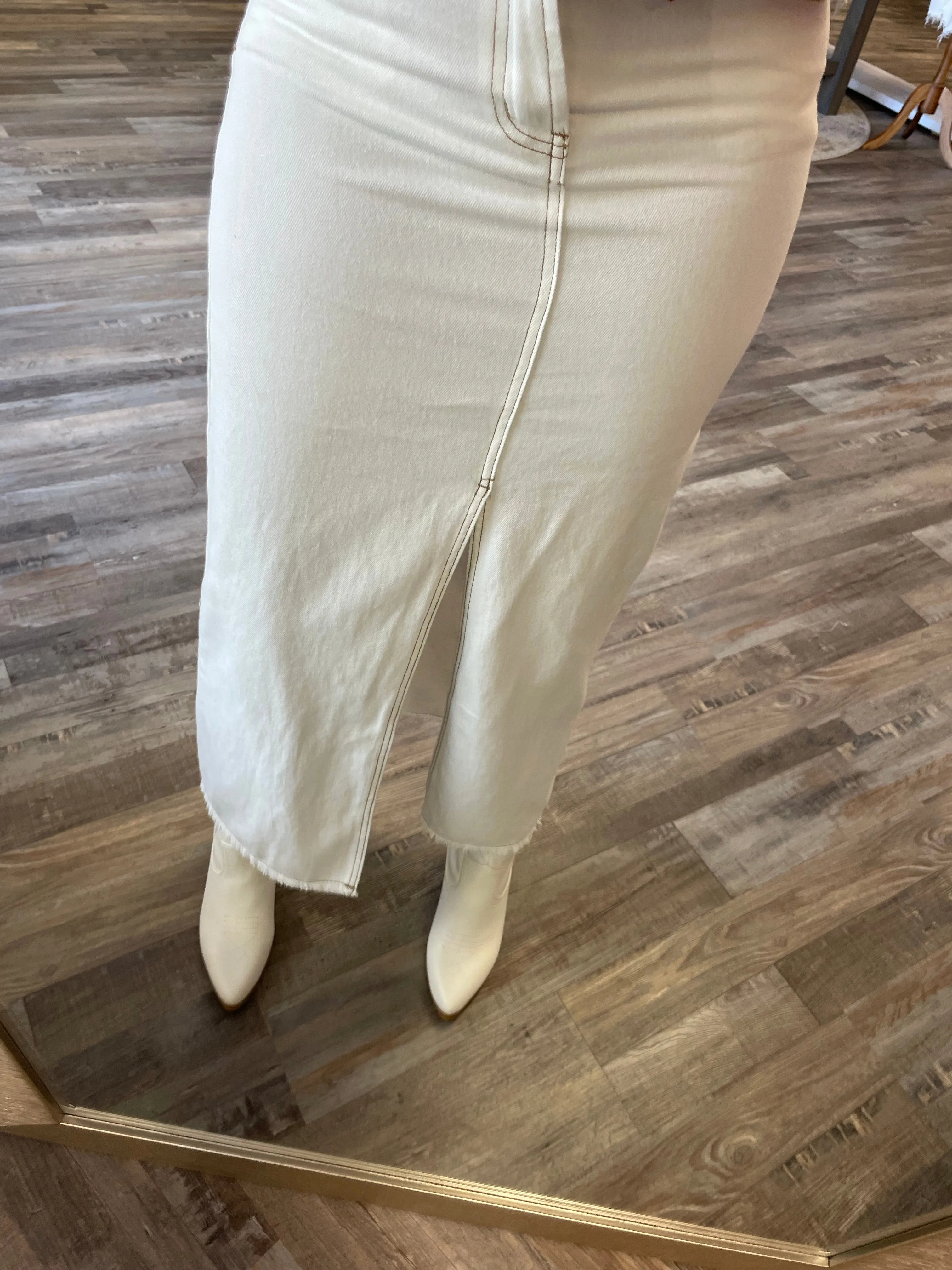 Front Slit Midi Denim Skirt - White