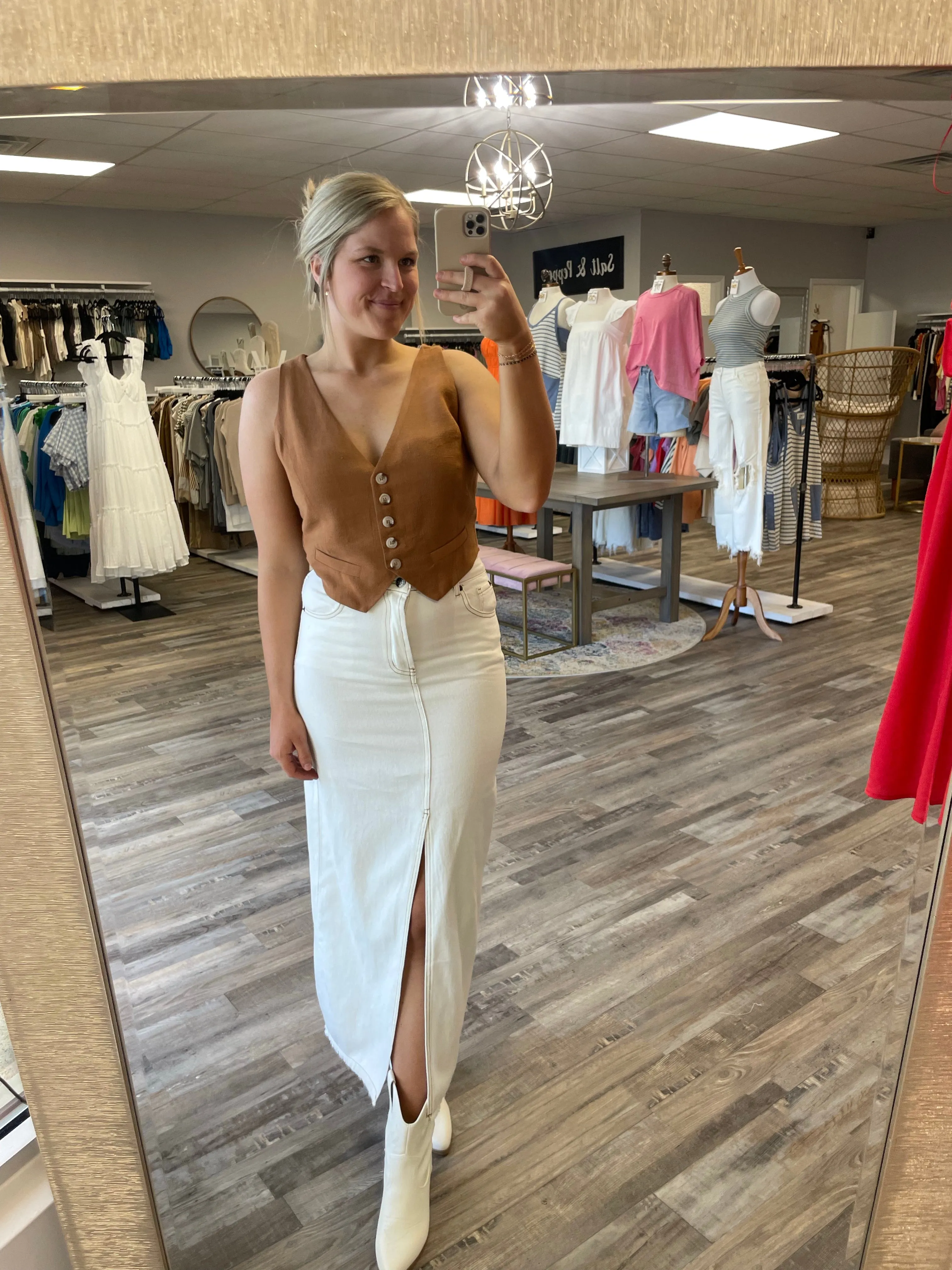 Front Slit Midi Denim Skirt - White