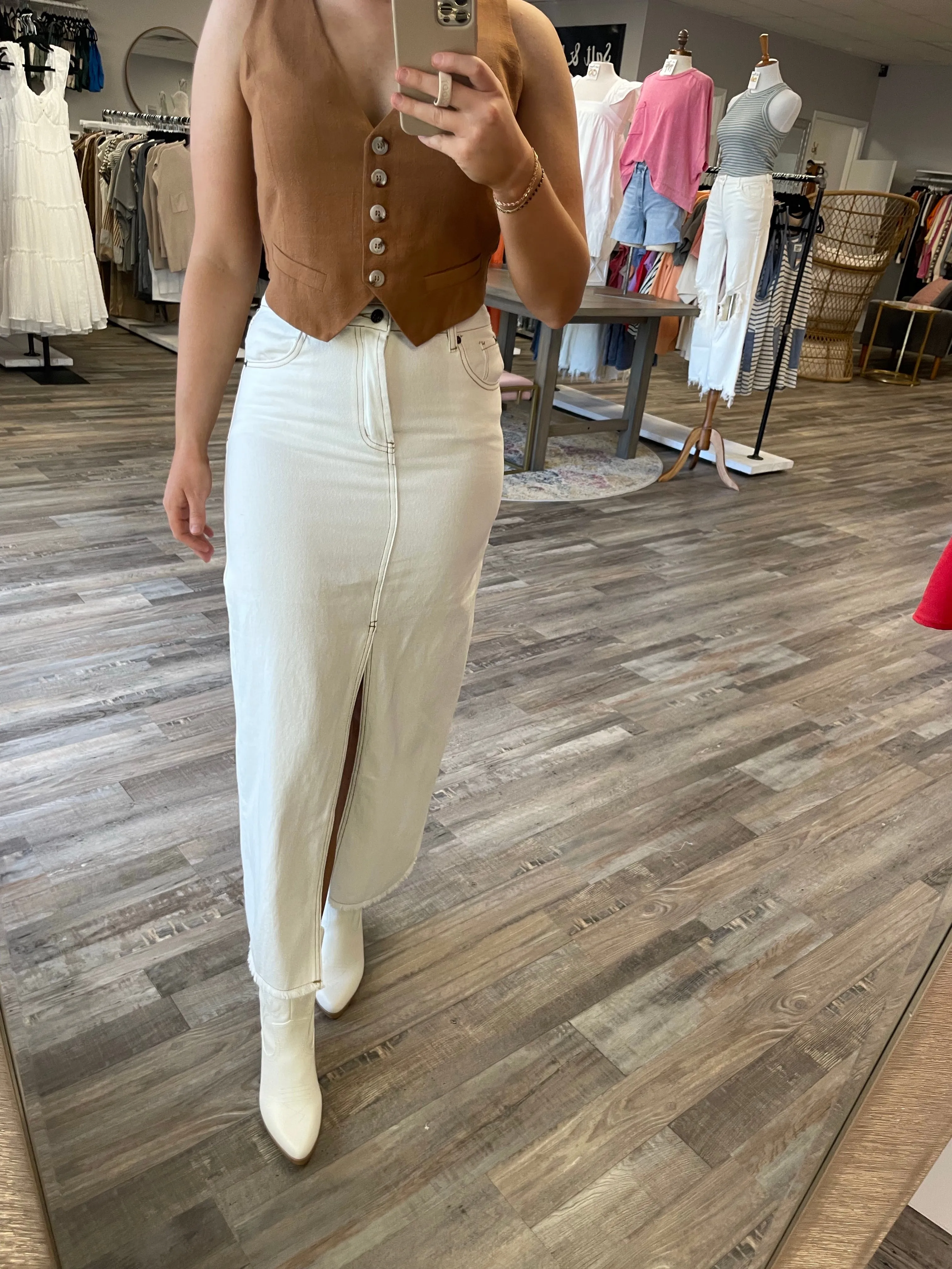 Front Slit Midi Denim Skirt - White