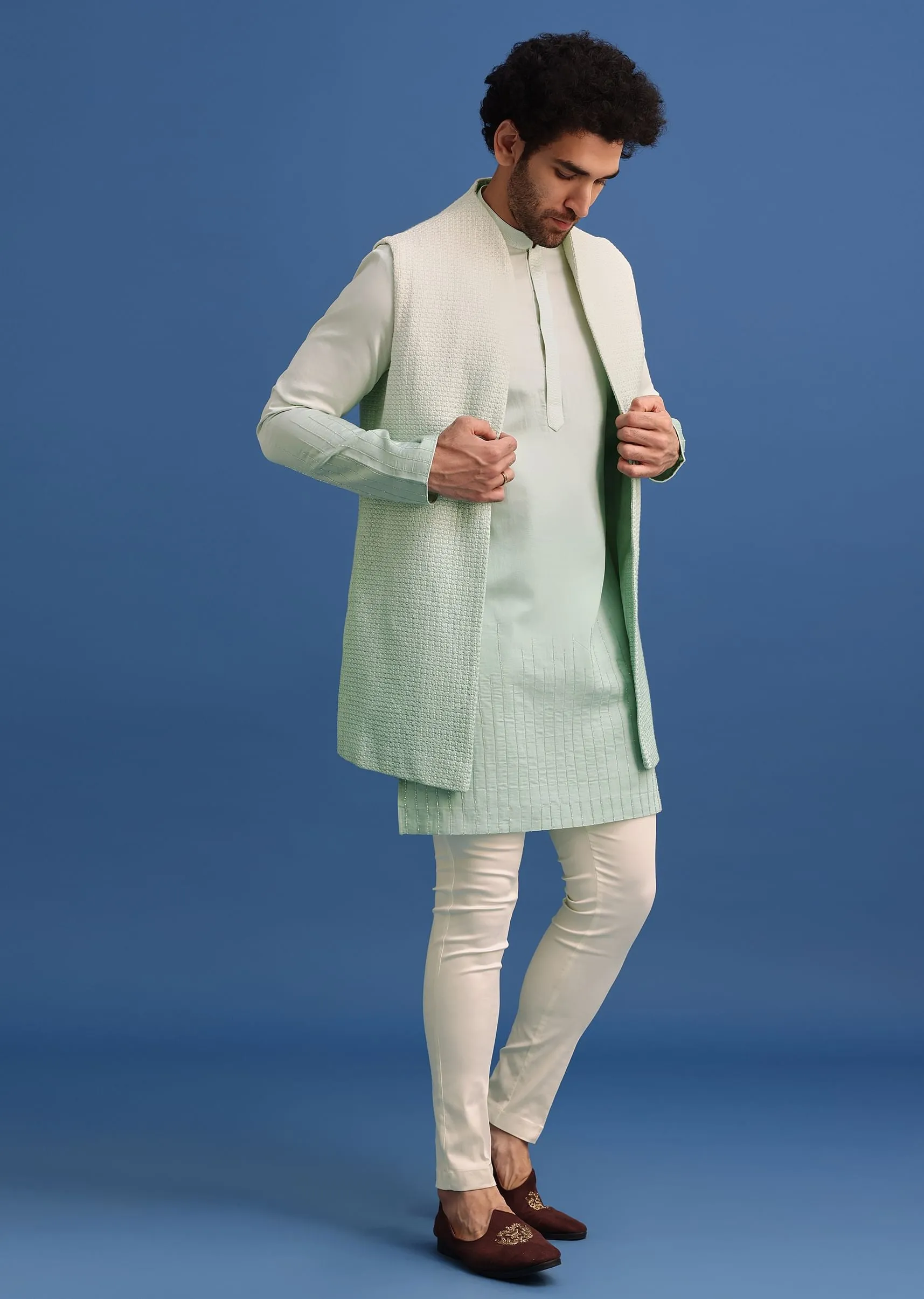 Green Silk Ombre Zardosi Kurta Jacket Set