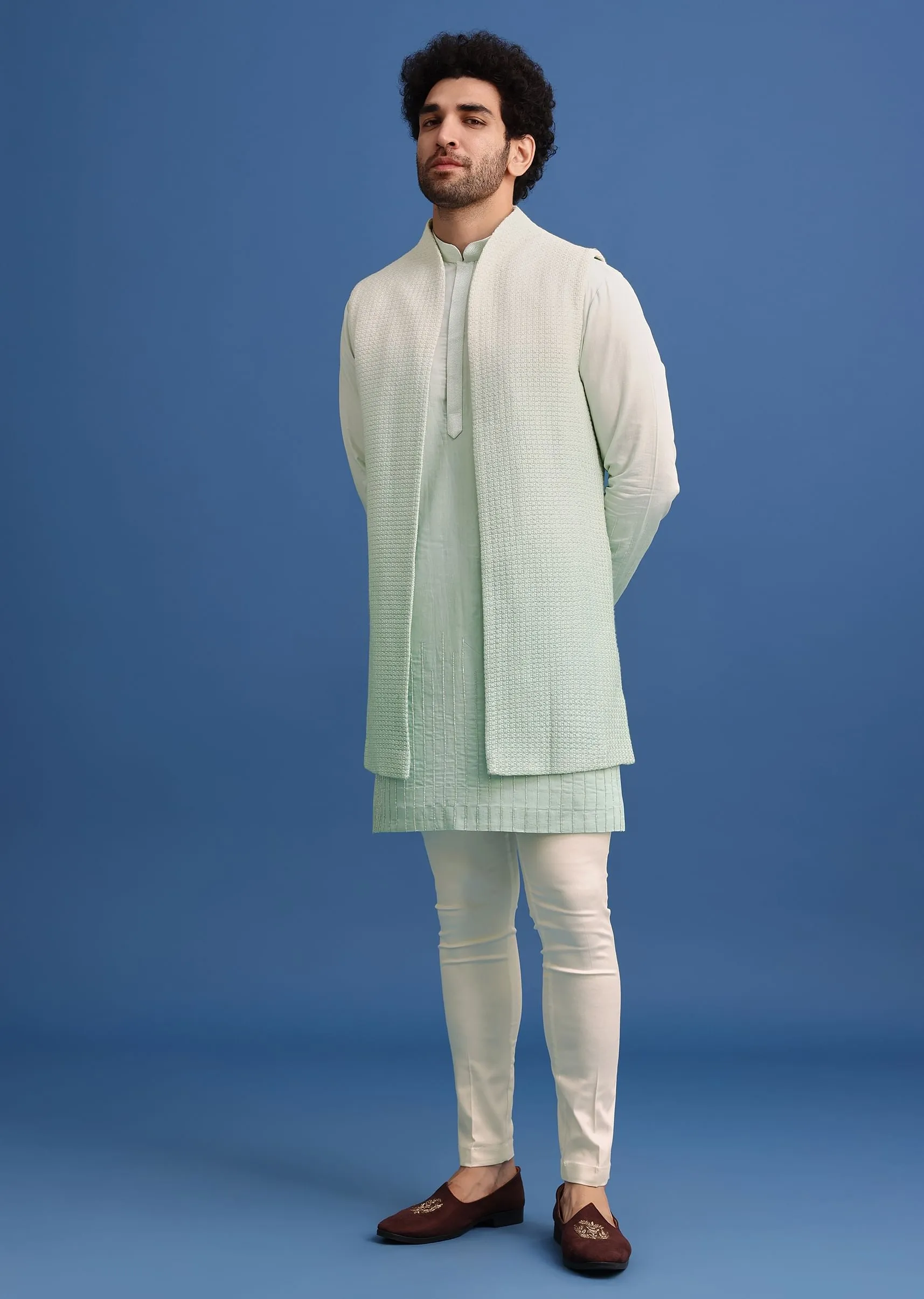 Green Silk Ombre Zardosi Kurta Jacket Set