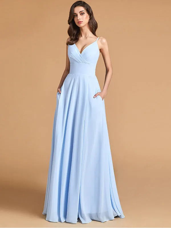 Minimalist A Line Spaghetti Straps V Neck Bridesmaid Dresses with Slit