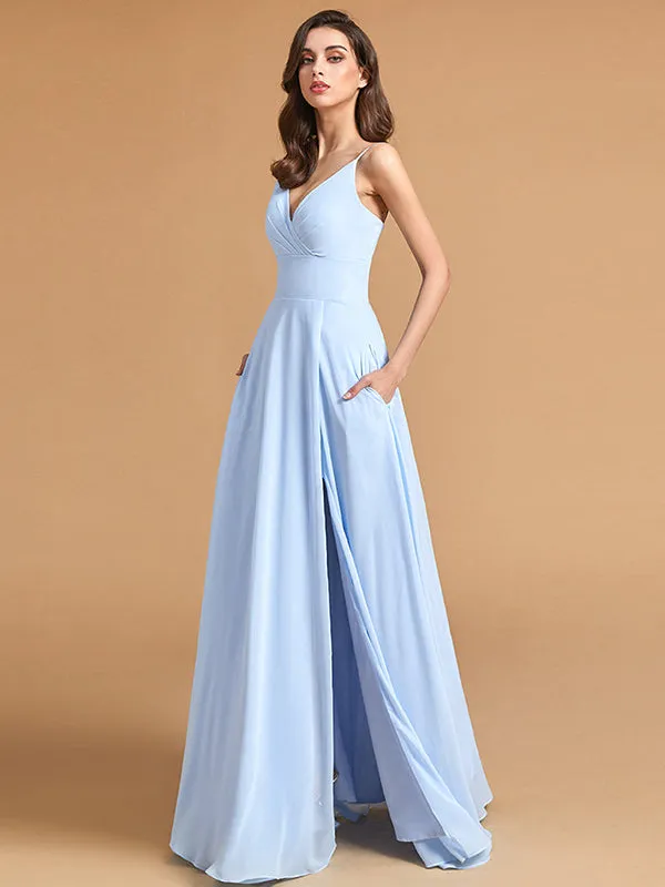 Minimalist A Line Spaghetti Straps V Neck Bridesmaid Dresses with Slit