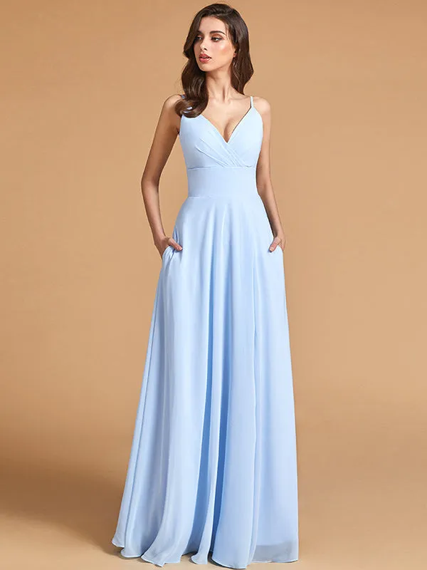 Minimalist A Line Spaghetti Straps V Neck Bridesmaid Dresses with Slit